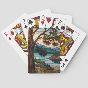 Rustic mountain range landscape stain glass  playing cards
