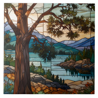 Rustic mountain range landscape stain glass  tile