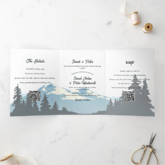Rustic Mountain Range Pine Forest QR Code Wedding Tri-Fold Invitation