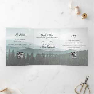 Rustic Mountain Range Pine Forest QR Code Wedding Tri-Fold Invitation