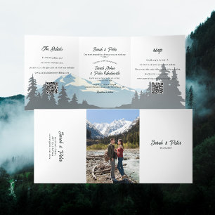 Rustic Mountain Range Pine Forest QR Code Wedding Tri-Fold Invitation