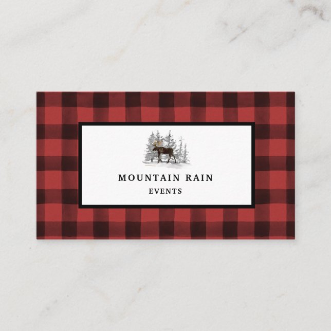 Rustic Mountain Red Black Plaid Check Moose Business Card (Front)