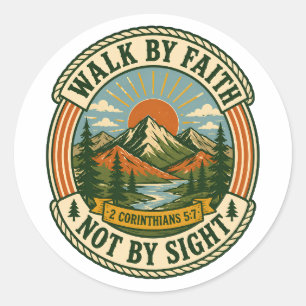 Rustic Mountain Retro Sunrise Scripture Adventure Classic Round Sticker