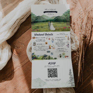Rustic Mountain River Forest   Illustrated Wedding Tri-Fold Invitation