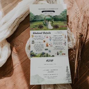 Rustic Mountain River Forest   Illustrated Wedding Tri-Fold Invitation