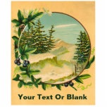 Rustic Mountain Scene Photo Sculpture Magnet<br><div class="desc">A vintage rustic image; a circular vignette featuring mountains and conifer trees with snow in the branches surrounded by a floral motif. Add your own text.</div>