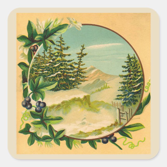 Rustic Mountain Scene Square Sticker (Front)