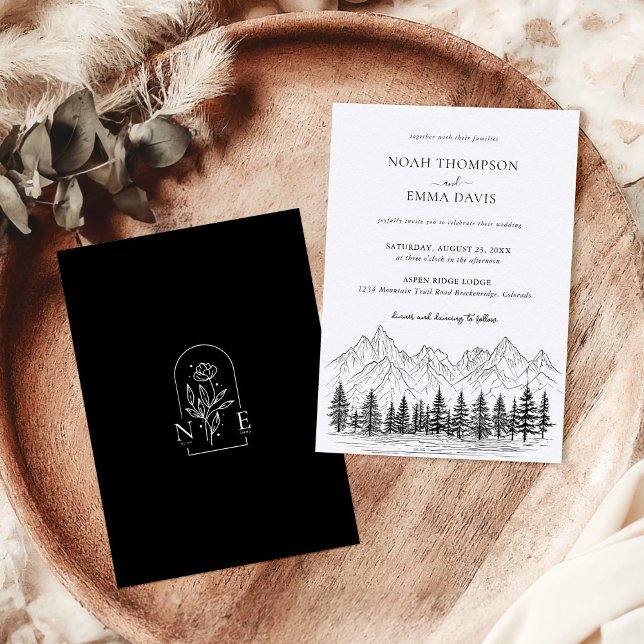 Rustic Mountain Sketch Woodland Pine Black Wedding Invitation (Creator Uploaded)