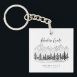 Rustic Mountain Sketch Woodland Pine Wedding Key Ring<br><div class="desc">Celebrate your rustic wedding with this mountain sketch keychain,  featuring woodland pines. A perfect blend of elegance and practicality,  it's a charming keepsake for guests,  capturing the spirit of your nature-inspired celebration. Ideal for adding a personal touch to your special day.</div>