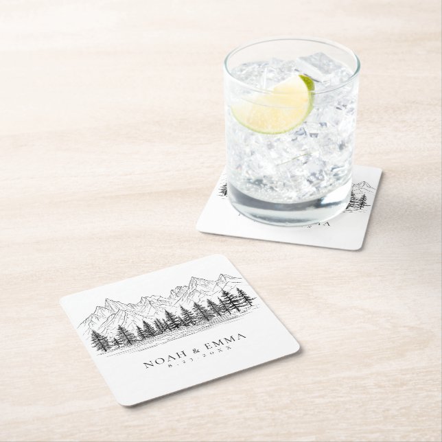 Rustic Mountain Sketch Woodland Pine Wedding Square Paper Coaster (Insitu)