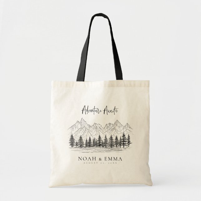 Rustic Mountain Sketch Woodland Pine Wedding Tote Bag (Front)