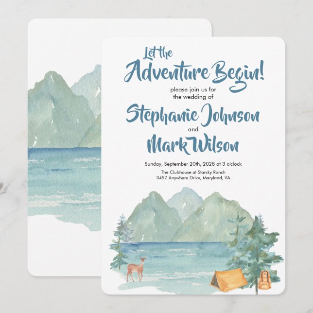 Rustic Mountain Watercolor Adventure Begin Wedding Invitation (Front/Back)
