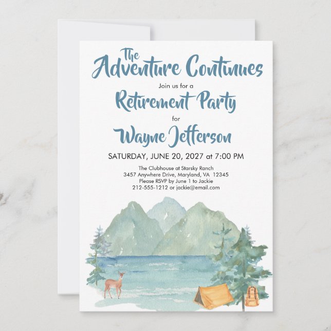 Rustic Mountain Watercolor Adventure Retirement  Invitation (Front)