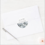 Rustic Mountain Watercolor Photo Save the Date  Classic Round Sticker<br><div class="desc">Rustic Mountain Watercolor Save the Date Classic Round Sticker</div>