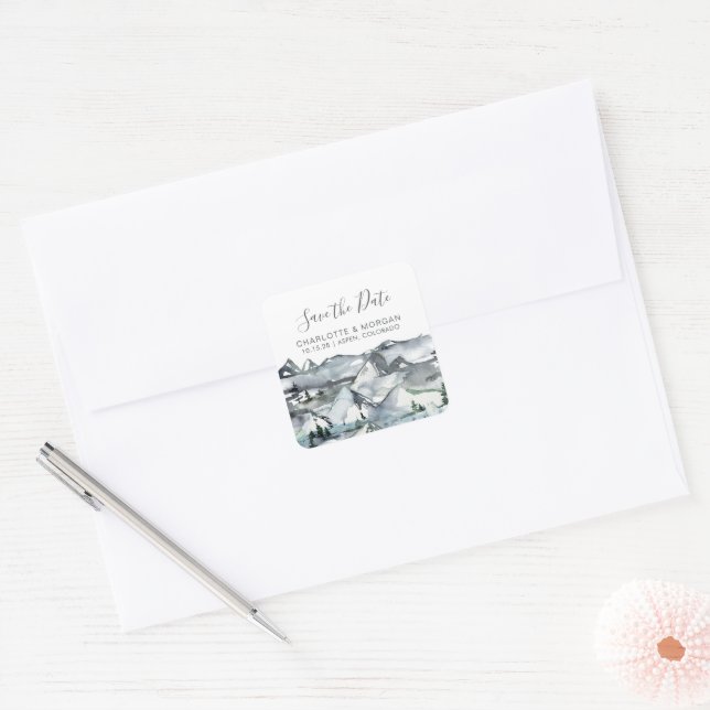 Rustic Mountain Watercolor Photo Save the Date  Square Sticker (Envelope)