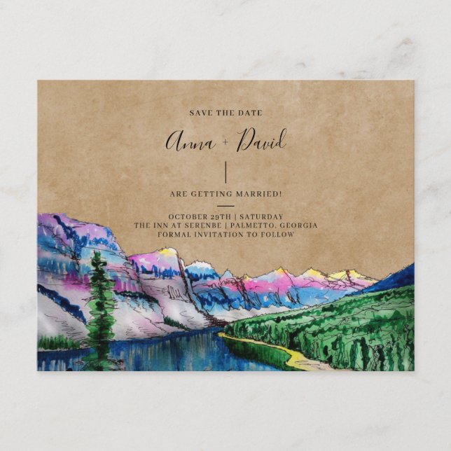 Rustic Mountain Watercolor Save The Date Card (Front)