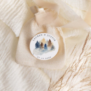 Rustic Mountain Watercolor Trees Monogram Classic Round Sticker