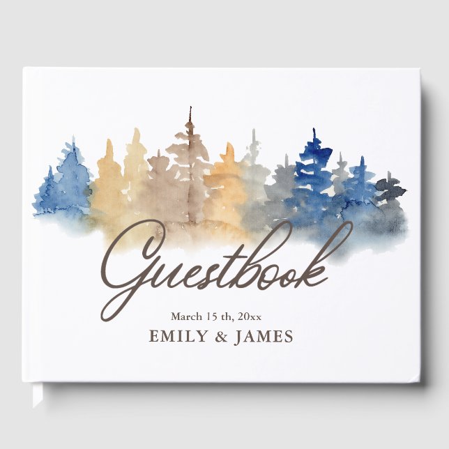 Rustic Mountain Watercolor Trees Wedding Guestbook (Front)