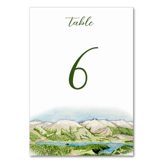 Rustic Mountain Watercolor Wedding table numbers (Front)