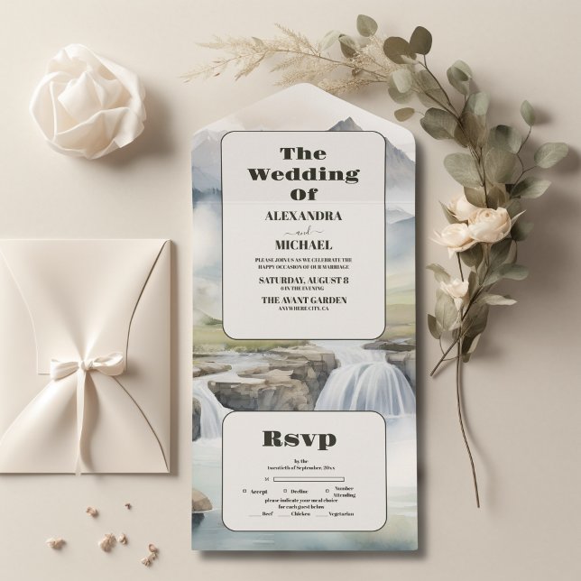 Rustic Mountain Waterfall Boho Wedding All In One Invitation (Creator Uploaded)