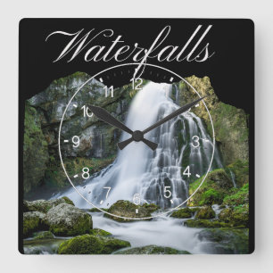 Rustic Mountain Waterfalls Square Wall Clock