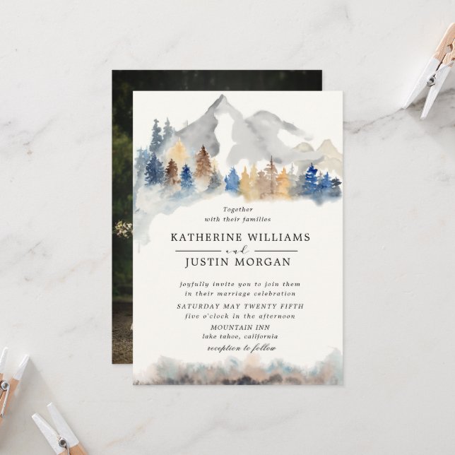 Rustic Mountain Wedding Photo Invitation (Front/Back In Situ)