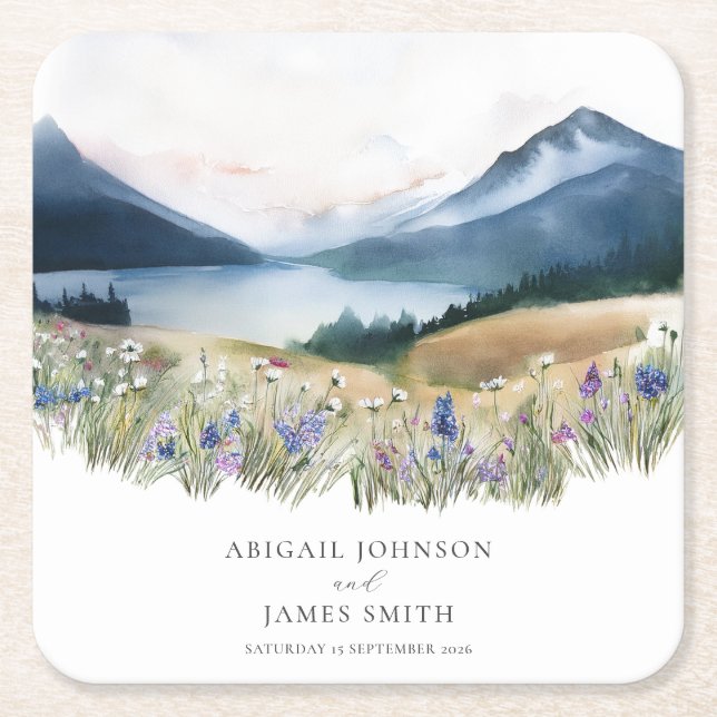 Rustic Mountain Wedding  Square Paper Coaster (Front)