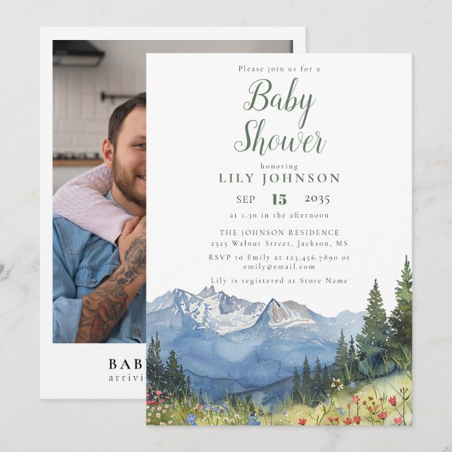 Rustic Mountain Wildflower Baby Shower Photo Invitation (Front/Back)