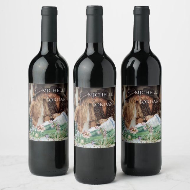 Rustic Mountain Wildflower | Boho Wedding Photo Wine Label (Bottles)