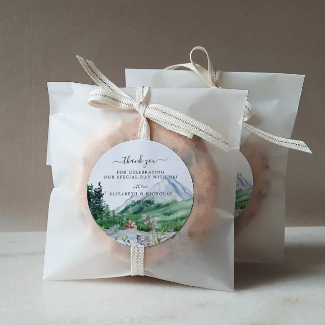 Rustic Mountain Wildflower | Wedding Favour Classic Round Sticker (Creator Uploaded)