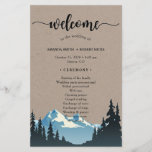 Rustic Mountain Woodland Forest Wedding Program<br><div class="desc">Beautiful MOUNTAIN WEDDING program paper sheet design featuring a watercolor mountain with trees silhouette and a big "welcome" in an elegant script as well as the wedding program details on a rustic kraft-textured background for you to personalise.</div>