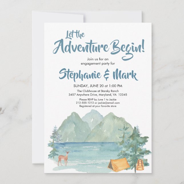 Rustic Mountains Adventure Begins Engagement Party Invitation (Front)