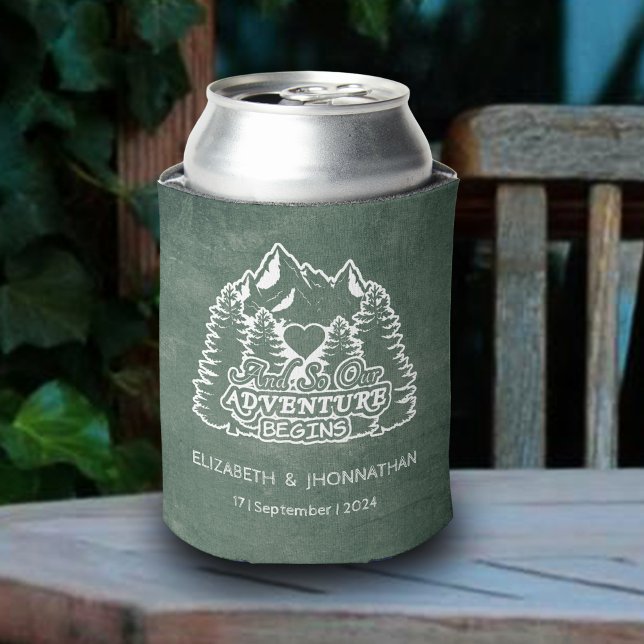 Rustic Mountains Adventure Begins Green Wedding Can Cooler (Creator Uploaded)