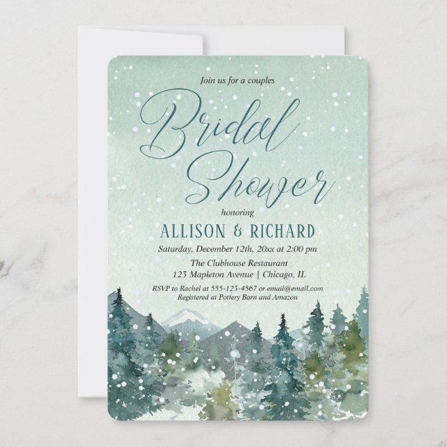 Rustic mountains and snow couples bridal shower invitation (Front)