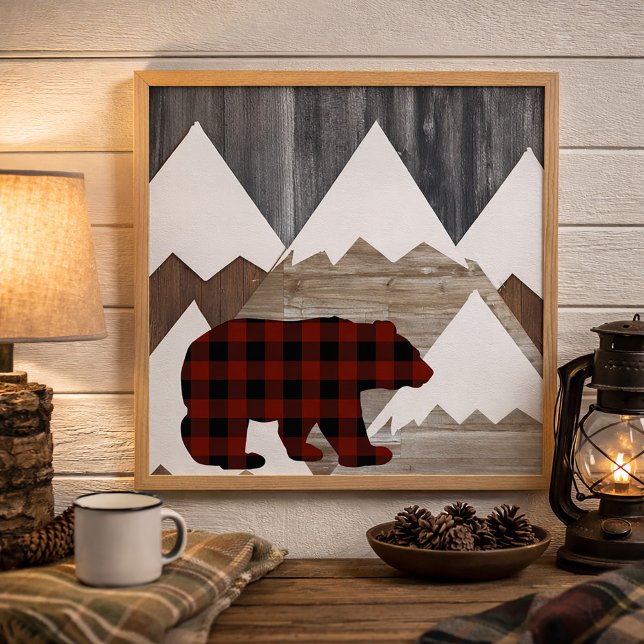 Rustic Mountains Buffalo Plaid Woodland Bear  Poster (Rustic buffalo plaid bear and mountains wall art)