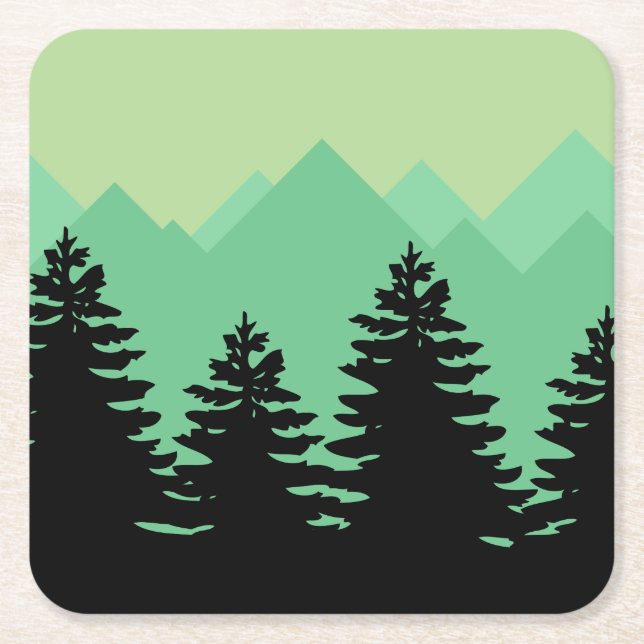 Rustic Mountains & Forest Tree Silhouette Square Paper Coaster (Front)