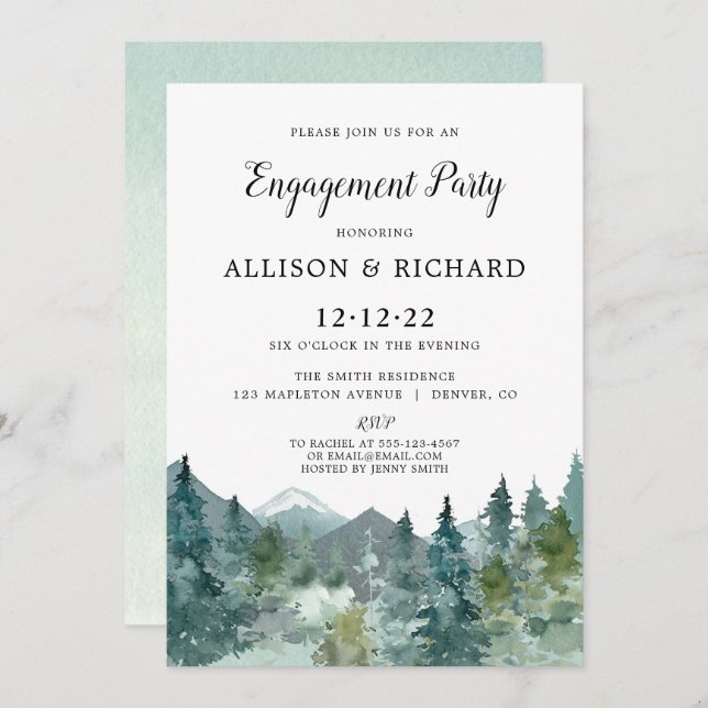 Rustic mountains forest watercolor engagement invitation (Front/Back)