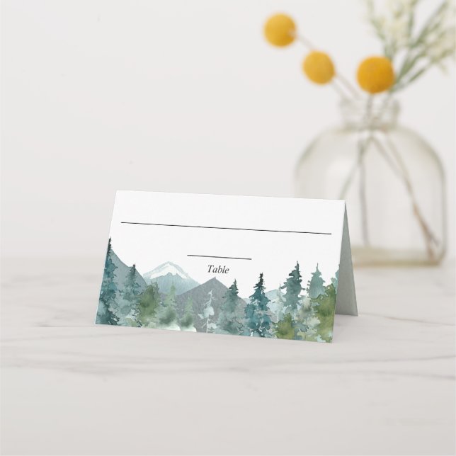 Rustic mountains forest watercolor place card (Front)
