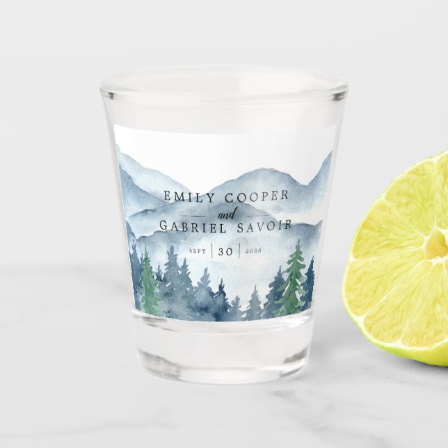 Rustic Mountains Forest Watercolor Wedding Memento Shot Glass (Front)