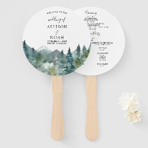 Rustic mountains forest watercolor wedding program hand fan