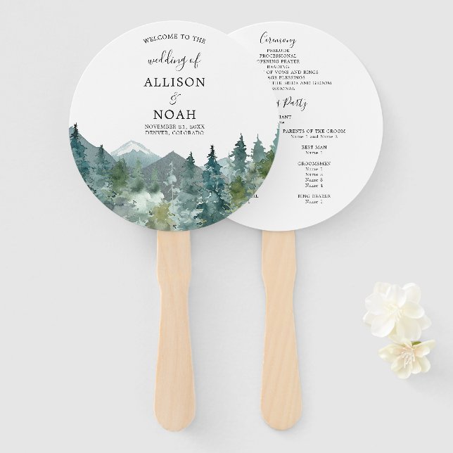 Rustic mountains forest watercolor wedding program hand fan (Front and Back)