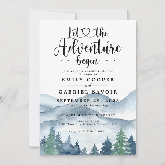 Rustic Mountains Forest Wedding Rehearsal Dinner Invitation (Front)