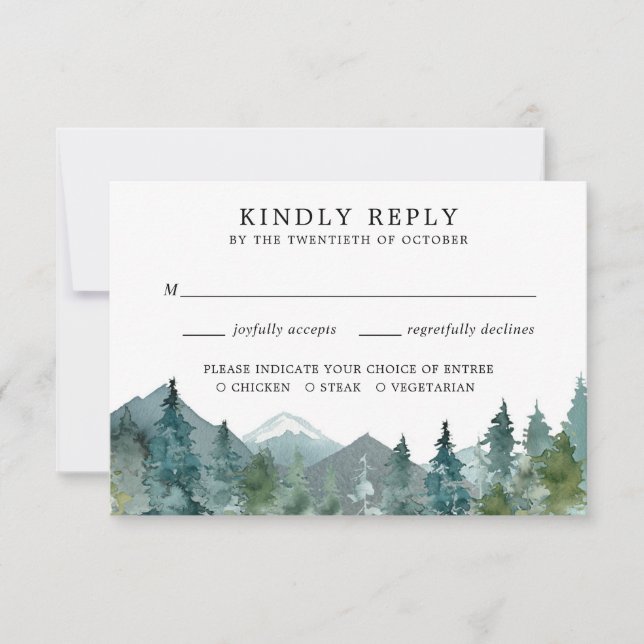 Rustic mountains forest woods wedding RSVP (Front)