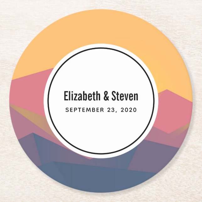 Rustic Mountains Geometric Minimalist Wedding Round Paper Coaster (Front)