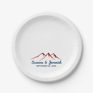 Rustic Mountains in Red and Blue Wedding Reception Paper Plate