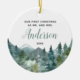 Rustic Mountains our first Christmas married Ceramic Tree Decoration