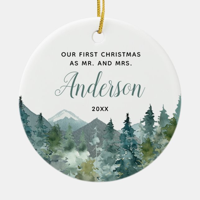 Rustic Mountains our first Christmas married Ceramic Tree Decoration (Front)