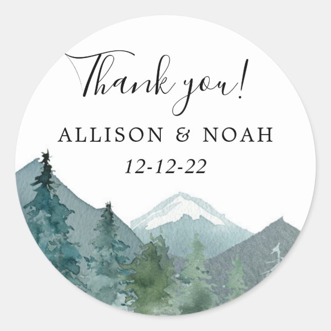 Rustic mountains outdoor theme forest woods favour classic round sticker (Front)