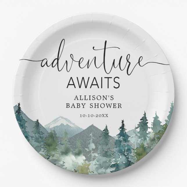 Rustic mountains outdoor theme forest woods paper plate (Front)