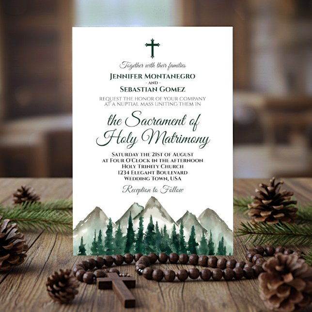 Rustic Mountains & Pine Modern Catholic Wedding Invitation (Creator Uploaded)